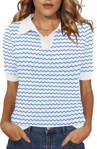 Camiseta Polo de Punto para Mujer con Patrón Geométrico, Manga Corta, Casual, Largo Regular, Diseño Zigzag Beige y Negro - Product Image 2