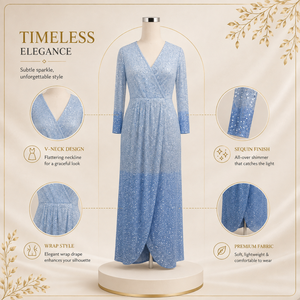 Womens Blue Ombre <b>Sequin</b> Maxi Dress V Neck Wrap Style Long Sleeve Elegant Evening Wedding Formal Party Gown Sparkly Flowy Floor - Product Image 5