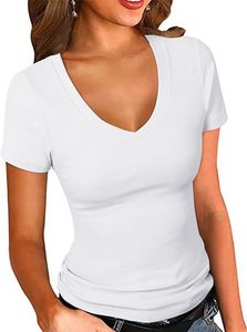 T-shirt élégant pour femme à col en V profond et manches courtes, vente en gros, logo personnalisé, t-shirts en coton, streetwear uni, t-shirts teints unis - Product Image 2