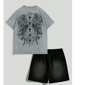 Ensemble T-shirt et short personnalisé avec motif ailes d'ange délavé pour homme – Tenue décontractée d'été en coton style streetwear – Vente en gros OEM - Product Image 2