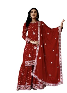 Salwar Kameez en soie brodée rouge avec dupatta, tenue de mariage indienne moderne pour femme, longueur genou, coupe régulière, séchage rapide, style Punjabi - Product Image 3
