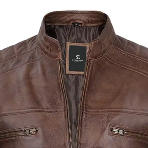 Chaqueta de Cuero Marrón Retro para Hombre, Cuello Alto, Cierre de Cremallera, Resistente al Viento, Estilo Motero, para Otoño e Invierno - Product Image 2