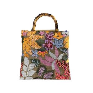 Sac à main en lin tendance avec perles et paillettes, broderie florale, poignée en bambou, sac fourre-tout pour femmes - Product Image 3
