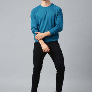 เสื้อสเวตเชิ้ตคอกลมสีเขียวอมฟ้าสำหรับผู้ชาย ทรงปกติ ผ้าฝ้ายถัก สวมใส่สบายๆ สำหรับฤดูใบไม้ร่วง แขนยาว สีพื้น - Product Image 5