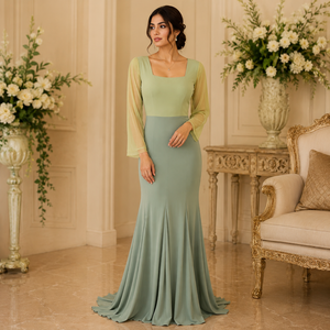 Robe de soirée sirène vert sauge pour femme, col carré, manches longues transparentes, longueur maxi, élégante, pour mariage ou bal de promo - Product Image 3