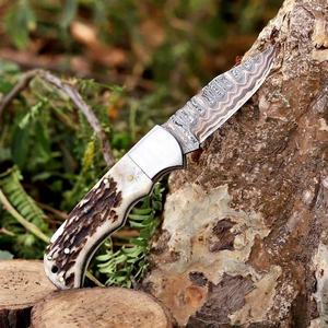 Cuchillo de caza de acero de Damasco con punta de gota y filo recto, mango de asta, espesor de 0.6mm, cuchillos plegables de bolsillo - Product Image 6