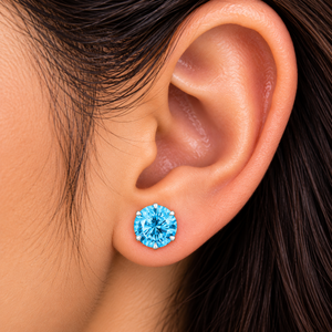 Pendientes de Plata de Ley 925 con Circonita Cúbica Redonda de Corte Brillante Azul Cielo, Engaste de 7mm, Joyería Fina - Product Image 1