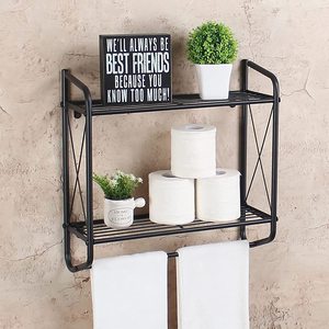 Handmade Black Metal Wall Mounted Bathroom Shelf with Towel Bar 2 Tier Storage Rack <b>Rustic</b> Industrial Organizer for Bathroom Kit - Product Image 5
