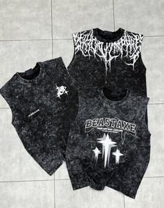 Camiseta sin mangas gótica para hombre, cuello redondo, de algodón tejido, estampada, talla grande, con patrón en blanco y negro, estilo culturismo - Product Image 2