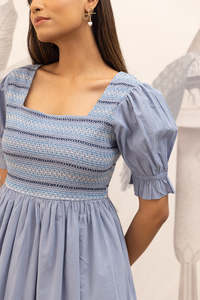Vestido midi de algodón bordado con cuello cuadrado azul, mangas abullonadas, corte en A, holgado, estilo bohemio, informal, de verano, para mujer, hermoso vestido. - Product Image 5