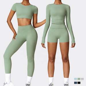 Conjunto Deportivo de Tres Piezas para Mujer, Top Corto Elástico de Manga Larga, Sujetador Deportivo y Pantalones Cortos, Ropa Deportiva Informal, Ajuste Delgado - Product Image 2