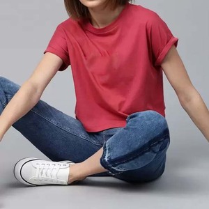 Women's Wholesale <b>Red</b> <b>Crop</b> <b>Top</b> 100% Cotton O-Neck Short Sleeve Casual Jersey T-Shirt Breathable Spring Summer Fit - Product Image 3
