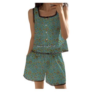 Nuevo Conjunto de Pijama de Algodón para Mujer con Encaje, Pantalones Cortos, Estampado Floral Indio, Sin Mangas, para Primavera/Verano - Product Image 6