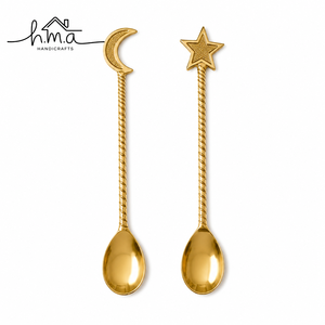 Gold Finish Brass Spoon Set with Long Textured Handles Assorted Leaf Butterfly Shell and <b>Flower</b> Shape Tops Oval Bowl Decorative - Product Image 4