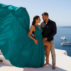 Nuevo Vestido Elegante Color Verde Azulado para Sesión de Fotos en Santorini, Vestido Largo con Cola Fluida para Mujer, Vestido Maxi sin Espalda para Fiesta de Noche - Product Image 3