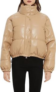 Women's <b>Cropped</b> Quilted <b>Puffer</b> <b>Jacket</b> Winter Faux Leather Padded Parka Coat - Product Image 5