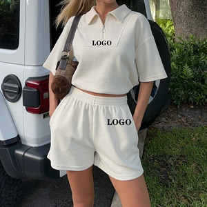 Custom 2024 ผู้หญิงสไตล์ใหม่วาฟเฟิลผ้า 2 ชิ้นกางเกงขาสั้นชุดZip Upเปิดลงปกเสื้อยืดและ 2pcชุดสั้นสําหรับสตรี - Product Image 2