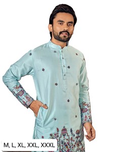 Men's Light Blue Embroidered Kurta Set with White <b>Pants</b> Traditional Indian Pakistani Wedding Wear Regular Fit Knee-Length - Product Image 2