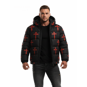 Veste matelassée noire de haute qualité pour homme avec imprimé croix, à capuche, d'hiver, style streetwear, épaisse et chaude, personnalisable avec logo OEM - Product Image 1