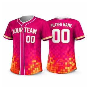 Camiseta de Béisbol Personalizada Unisex de Manga Corta con Botones al Frente, Estampado Sublimado con Patrón Geométrico en Morado, Rosa y Naranja, 100% Poliéster - Product Image 2