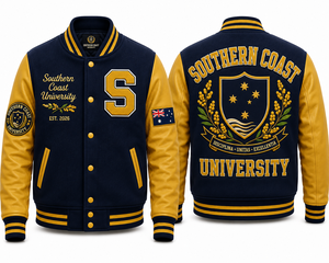 Chaqueta Universitaria Personalizada de la Universidad de la Costa Sur de Australia, Cuerpo de Lana Premium, Mangas de Cuero Genuino, Chaqueta Letterman con Letras Bordadas - Product Image 1