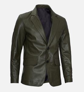 Blazer en cuir vert olive pour homme, coupe ajustée, col rabattu, simple boutonnage, style décontracté chic, idéal pour l'automne - Product Image 6