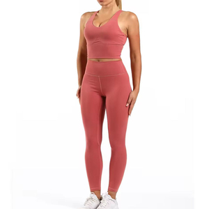 Ensemble de yoga 2 pièces rose sans couture pour femme : Legging taille haute et crop top col en V dos nageur en Spandex et Polyester, anti-transpiration, longueur intégrale - Product Image 2