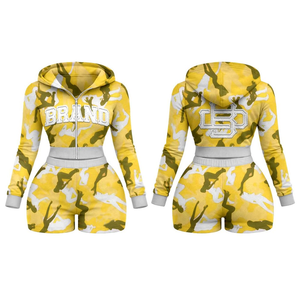 Pink Camo Women's 2-Piece Hoodie <b>Shorts</b> Set Full Sleeve Zipper Casual Sportswear Spring Summer Knitted Spandex <b>Polyester</b> - Product Image 5