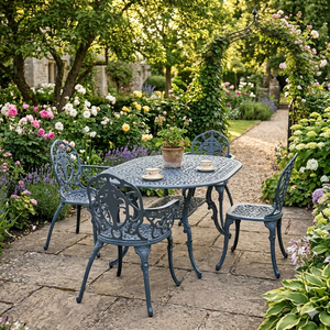 Blue cast metal outdoor dining set with <b>round</b> <b>table</b> and four chairs traditional design durable garden furniture for <b>patio</b> courty - Product Image 3