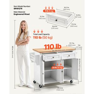 Carrello da Cucina con Isola e Spazio di Archiviazione, Larghezza 43,7 Pollici, Carrello Mobile con Ruote Girevoli, 2 Cassetti, Armadietto in Metallo e Legno - Product Image 3