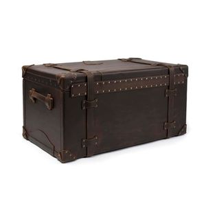 Coffret de rangement en cuir classique rectangulaire avec poignées, artisanal, marron, style vintage, pour le rangement de bijoux - Product Image 1