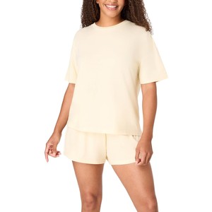 Women's Black 2-Piece <b>Knitted</b> <b>Set</b> O-Neck Short Sleeve Top With Pocket Above Knee Shorts Casual Breathable Spring Summer Wear - Product Image 3
