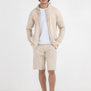 Sudadera con capucha beige personalizada para hombre con cremallera completa, capucha con cordón y bolsillos laterales, chaqueta con capucha informal minimalista - Product Image 1