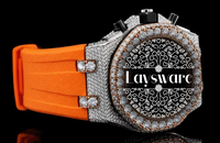 Laysware Jewels Neueste Hip-Hop VVS Moissanit-Diamant Unisex-Uhr mit Orangefarbenem Gummiarmband, Vollständig mit Edelstahl-Glas-Charm Besetzt
