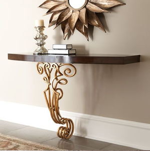 Mesa consola artística con una superficie de mármol blanco sobre una base de metal negro en espiral, disponible a precios de mayorista. - Product Image 6