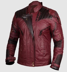 Blouson moto en cuir bordeaux pour homme, col montant, fermeture éclair, coupe ajustée, coupe-vent, pour l'automne, couleur unie - Product Image 1
