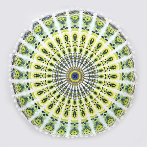 Funda para Cojín de Suelo, Puff con Diseño de Plumas de Pavo Real y Mandala, 100% Algodón, Múltiples Colores, Decoración del Hogar, Hecho a Mano por Consignatarios Indios - Product Image 5