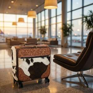 Valise trolley en cuir véritable 100% souple, sculptée à la main avec motifs floraux, couleur marron et blanc, style classique et tendance - Product Image 2