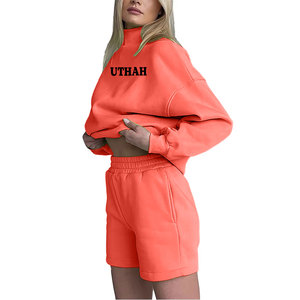 Conjunto de 2 piezas de pantalones cortos de coral para mujer al por mayor, sudadera de cuello alto, forro polar ecológico de poliéster/algodón, cuello levantado, ajuste regular - Product Image 6