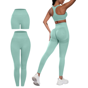 Women Mint Green Seamless Yoga Set Sports Bra High Waist <b>Leggings</b> 3 Piece Full Length <b>Ruched</b> Design Four-Way Stretch - Product Image 5
