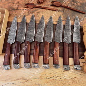 Ensemble de couteaux à steak professionnels en acier Damas à lame pleine, manche ambidextre, finition brossée, bois naturel, lame tranchante comme un rasoir, faits à la main - Product Image 5