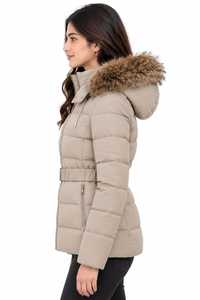 Abrigo Acolchado Grueso de Invierno para Mujer, Color Beige, Tejido de Poliéster, con Capucha de Piel Desmontable, Cinturón en la Cintura, Cierre de Cremallera - Product Image 2
