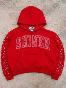Shiner <b>Red</b> Oversized <b>Hoodie</b> Rhinestone Sleeve Detail Casual Streetwear Sweatshirt Unisex Cotton French Terry - Product Image 1