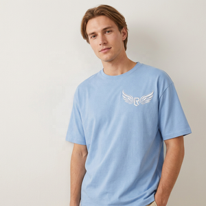 Camiseta de Manga Corta Azul Claro para Hombre con Logotipo de Ala Bordado, Cuello Redondo Informal, Algodón Jersey, Corte Regular - Product Image 4