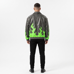 Dumela Men's White Genuine Bomber Jacket Blue Flame Print <b>Turn</b>-down Collar Single <b>Button</b> Closure Autumn Moto Style Quick Dry - Product Image 3
