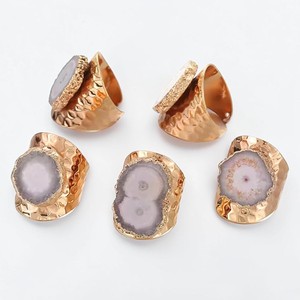White Solar Quartz Statement <b>Ring</b> Gold Plated Hammered <b>Adjustable</b> <b>Ring</b> Druzy Agate Slice Gemstone Cocktail <b>Ring</b> for Women - Product Image 1