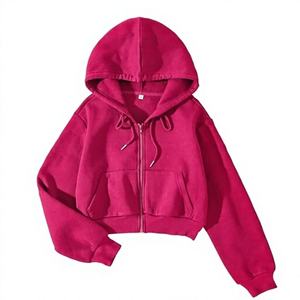 Sweat à capuche court zippé couleur unie fuchsia coupe oversize manches classiques poche décontracté tricoté pour l'automne unisexe - Product Image 1