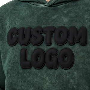 Custom Front Dark Green Acid Wash Breathable Eco-Friendly Casual Winter Hooded Heavyweight Fleece Puffy <b>Embroidery</b> Men Tracksuit - Product Image 6