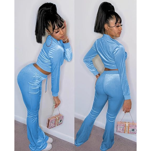Ensemble de survêtement deux pièces en velours bleu pour femme, manches longues, taille haute, fermeture éclair sur le devant, style streetwear, printemps-été, sexy, style club - Product Image 3