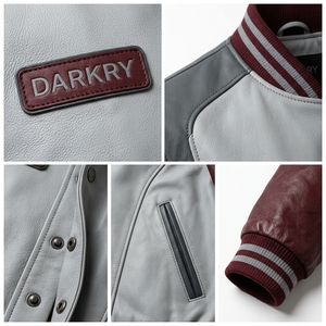 Chaqueta Varsity de Cuero Genuino para Hombre, con Botones a Presión, Color Gris Granate, Chaqueta Bomber de Béisbol, Forro Acolchado, Estilo Urbano - Product Image 6